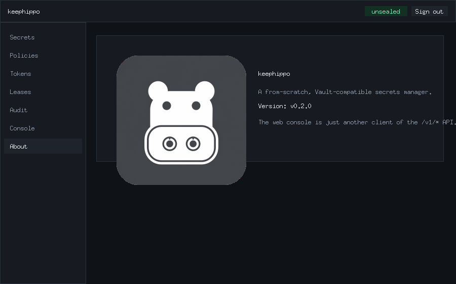 keephippo web console About panel